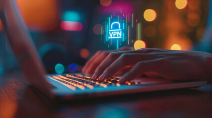 Wall Mural - Close-up of the hands of a user typing on a laptop keyboard, above which hangs a hologram in the form of a lock with the abbreviation - VPN