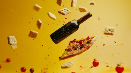 Wall Mural - Italian food. Levitating slice of pizza, bottle of wine and crackers.