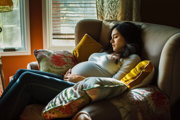 Sticker - pregnant woman resting on a recliner cushioned with pillows