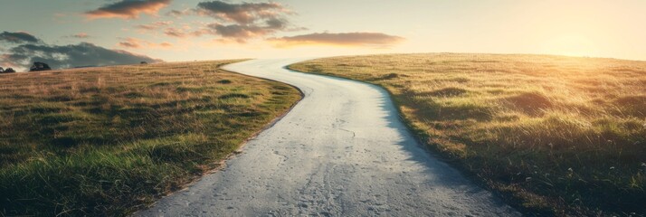 Canvas Print - Road to Sunset Horizon - A rustic path curls through a golden meadow towards a horizon line where the sun kisses the sky