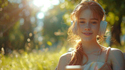 Wall Mural - Young red-haired woman in white headphones in the park.