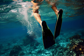 Sticker - underwater view of a swimmers legs kicking with flippers