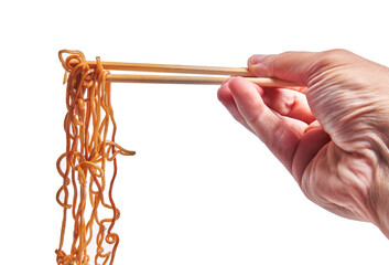 Wall Mural -  Hand of man holding thai noodles over isolated white background