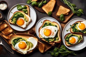 Wall Mural - fried eggs with bacon and vegetables, Indulge in a delicious and nutritious breakfast with a mouthwatering view of toast topped with creamy avocado, fresh spinach, and a perfectly fried egg