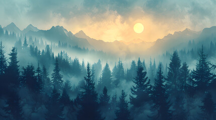 Wall Mural - Misty landscape with fir forest in vintage retro style. Generative AI