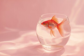 Goldfish in aquarium on pink background, copy space