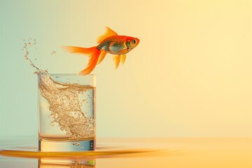 Wall Mural - Goldfish jumping out of the water in aquarium on yellow background, copy space