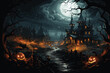 3d render illustration digital painting halloween lots of lights inside the house spooky atmosphere.