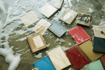 waterlogged photo albums spread out on a damp floor