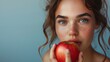 Young woman eating an apple. Healthy food concept. Ai generated image