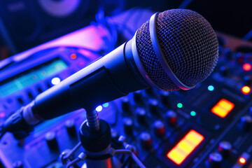 Wall Mural - closeup of a microphone with led lights and podcasting equipment