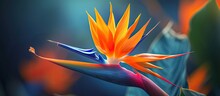 A Vibrant Orange Bird Of Paradise Flower Stands Out Against A Blue Background.