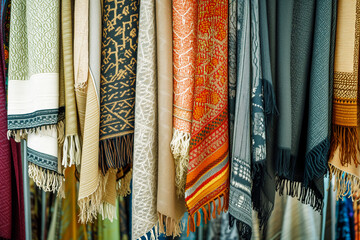 Poster - variously textured scarves on a freestanding rack in a market