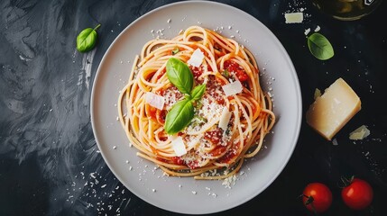 Wall Mural - Tasty appetizing classic italian spaghetti pasta with tomato sauce, cheese parmesan and basil on plate on dark table. View from above, horizontal