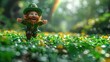 Lively and traditional Saint Patrick's featuring a jovial leprechaun dancing a jig amidst a field of vibrant shamrocks