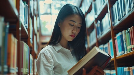 asian student getting books in a library