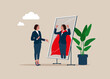 © Vadym - Self confidence. Woman looking at his strong ideal self superhero reflection mirror. Flat vector illustration
