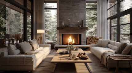 Wall Mural - Architecture Digest, Ultra modern luxury living room interior, one floor house in Latvian forest, Francesco binfaré Edra furniture, large fireplace covering side wall, Editorial Style Photo. AI.
