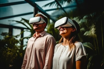 Joyful couple immersed in an exciting virtual reality experience at the comfort of their home