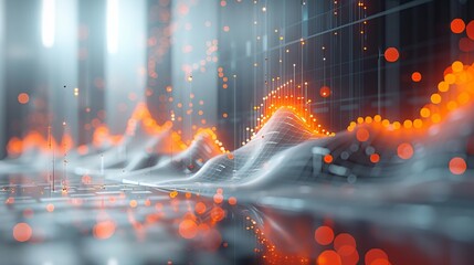 Wall Mural - Abstract digital data visualization with glowing orange cyber network concept. Flow of information in a futuristic technology data analytics visualization.