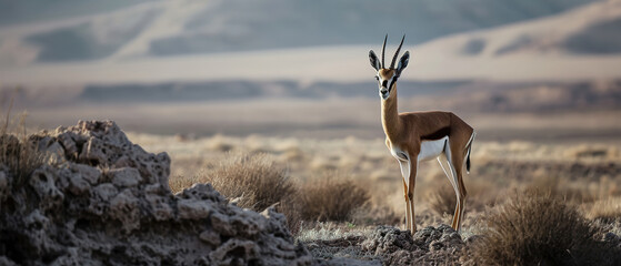 Wall Mural - banner of a gazelle on blured nature background, with empty copy space