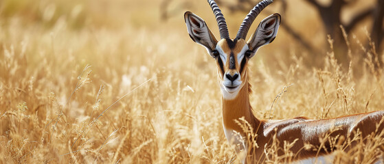 Wall Mural - banner of a gazelle on blured nature background, with empty copy space