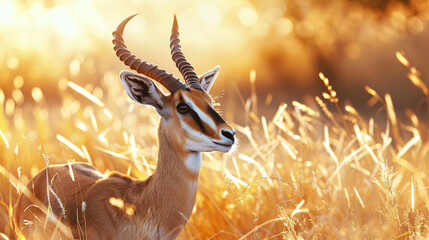 Wall Mural - banner of a gazelle on blured nature background, with empty copy space
