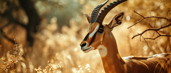 Wall Mural - banner of a gazelle on blured nature background, with empty copy space