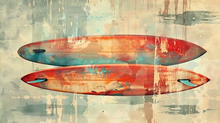 Canvas Print - Vintage posters, watercolor washes, surfboard, oceanic color tones, abstract, textured woodgrain, tropical elegance, fluid brushwork 