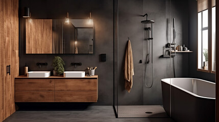 Beautiful contemporary modern bathroom with gray titanium cement walls