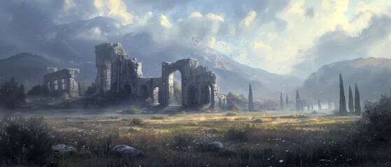 Wall Mural - The silent fields of an old Roman battleground, where time has eroded the once-mighty symbols of power, leaving only echoes of glory and defeat