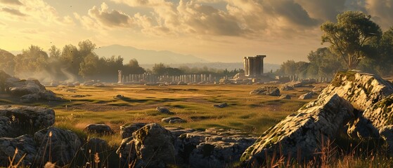 Wall Mural - The silent fields of an old Roman battleground, where time has eroded the once-mighty symbols of power, leaving only echoes of glory and defeat