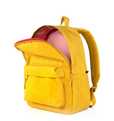 Yellow backpack opened isolated on white.School bag advertisement design. Knapsack, rucksack,travel bag.