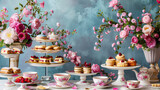 Fototapeta  - Afternoon tea, English tradition and restaurant service, tea cups, cakes, scones, sanwiches and desserts, holiday table decor and afternoon tea stand with pink flowers