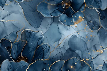 Wall Mural - abstract art background with golden line art flowers, botanical leaves, organic shapes, watercolour.