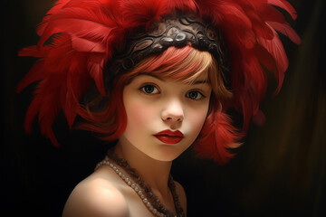 Wall Mural - vintage painting of a young redhead flapper girl wearing a red feather hat