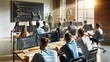 © ProstoSvet - seminar or coding class. The facilitator is pointing to a large screen with code, and students are working on computers, engaged in learning or collaborative software development.