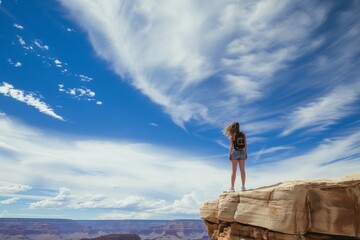 woman at the edge of a cliff with vast skies above