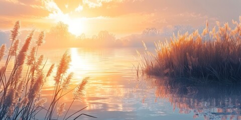 Wall Mural - Serene landscape of reed meadow by river at sunset picturesque scene capturing tranquil beauty of nature with golden sunlight reflecting on water perfect for backgrounds depicting environments