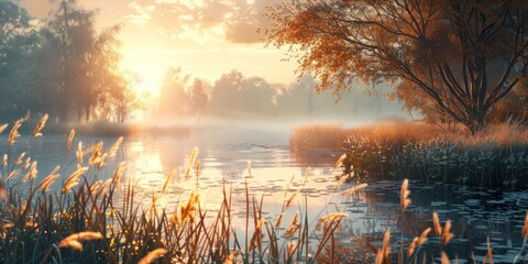 Wall Mural - Serene landscape of reed meadow by river at sunset picturesque scene capturing tranquil beauty of nature with golden sunlight reflecting on water perfect for backgrounds depicting environments