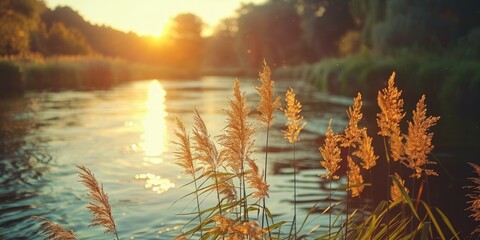 Wall Mural - Serene landscape of reed meadow by river at sunset picturesque scene capturing tranquil beauty of nature with golden sunlight reflecting on water perfect for backgrounds depicting environments