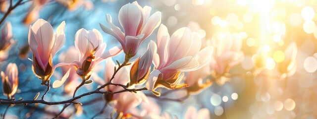 Magnolia flowers background. Beautiful nature scene with blooming tree and sun. Sunny day with spring flowers