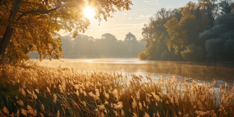 Wall Mural - Serene landscape of reed meadow by river at sunset picturesque scene capturing tranquil beauty of nature with golden sunlight reflecting on water perfect for backgrounds depicting environments