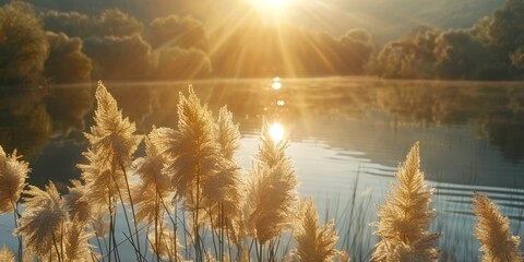 Wall Mural - Serene landscape of reed meadow by river at sunset picturesque scene capturing tranquil beauty of nature with golden sunlight reflecting on water perfect for backgrounds depicting environments