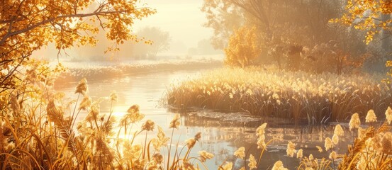 Wall Mural - Serene landscape of reed meadow by river at sunset picturesque scene capturing tranquil beauty of nature with golden sunlight reflecting on water perfect for backgrounds depicting environments