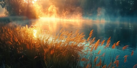 Wall Mural - Serene landscape of reed meadow by river at sunset picturesque scene capturing tranquil beauty of nature with golden sunlight reflecting on water perfect for backgrounds depicting environments