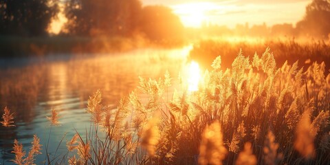 Wall Mural - Serene landscape of reed meadow by river at sunset picturesque scene capturing tranquil beauty of nature with golden sunlight reflecting on water perfect for backgrounds depicting environments