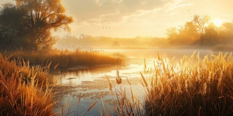 Wall Mural - Serene landscape of reed meadow by river at sunset picturesque scene capturing tranquil beauty of nature with golden sunlight reflecting on water perfect for backgrounds depicting environments