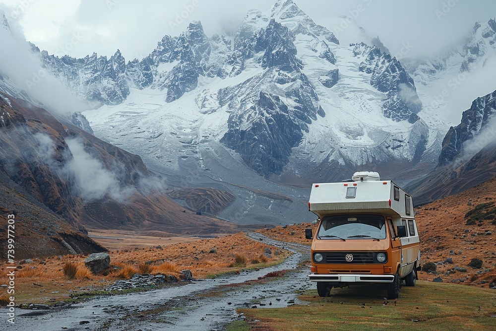 A rugged camper van stands tall on a dusty path, gazing upon majestic ...