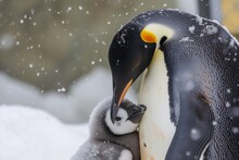 Mother Penguin Sheltering Baby Penguin From Snowfall